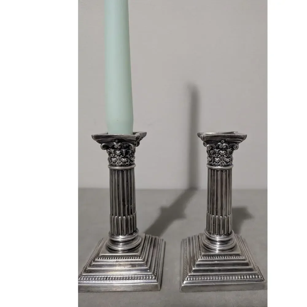 Antique Mappin & Webb Dwarf Corinthian Column Candlestick Holders Set of 2 Short